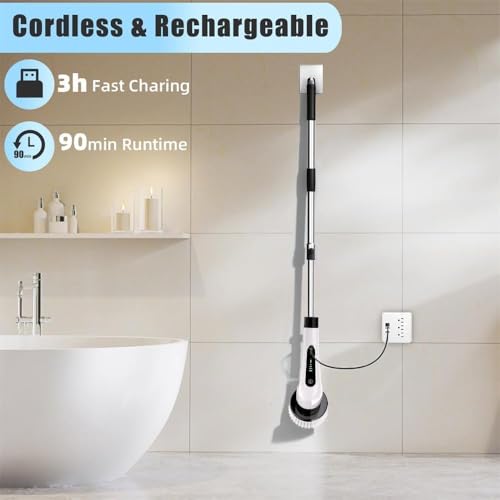 REZOVA Electric Spin Scrubber | Powerful 350 RPM Cleaning Brush with 8 Replaceable Heads with 90 Mins Work Time | 3 Adjustable Sizes & 2 Speeds for Floor | Tub & Tile Cleaning(9 in 1 Scrubber) - Image 3