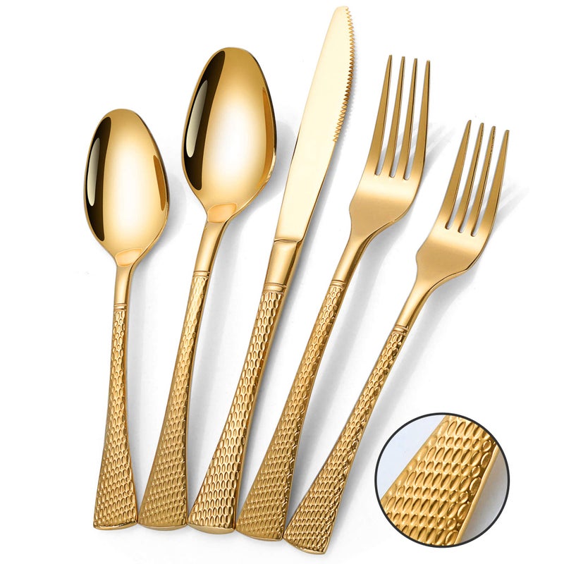 Lemeya Hammered Gold Silverware Set,20 Piece Modern Flatware Set Service for 4,Mirror Polished Stainless Steel Cutlery Set Utensil Set Tableware Set,Kitchen Knives Forks Spoons Set,Dishwasher Safe - Image 1