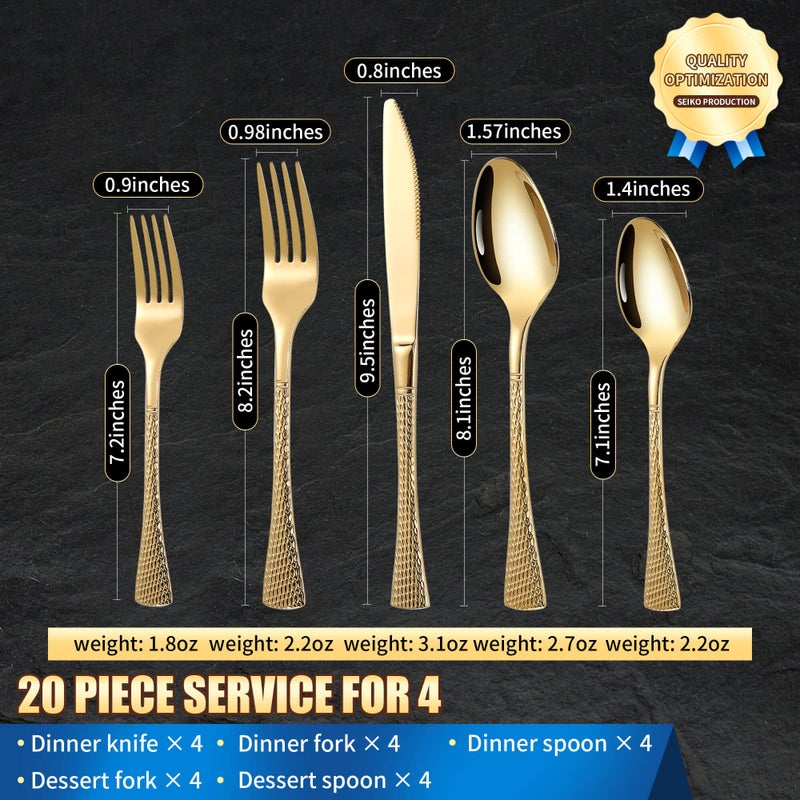 Lemeya Hammered Gold Silverware Set,20 Piece Modern Flatware Set Service for 4,Mirror Polished Stainless Steel Cutlery Set Utensil Set Tableware Set,Kitchen Knives Forks Spoons Set,Dishwasher Safe - Image 2