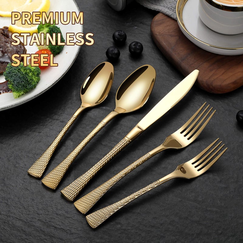 Lemeya Hammered Gold Silverware Set,20 Piece Modern Flatware Set Service for 4,Mirror Polished Stainless Steel Cutlery Set Utensil Set Tableware Set,Kitchen Knives Forks Spoons Set,Dishwasher Safe - Image 3