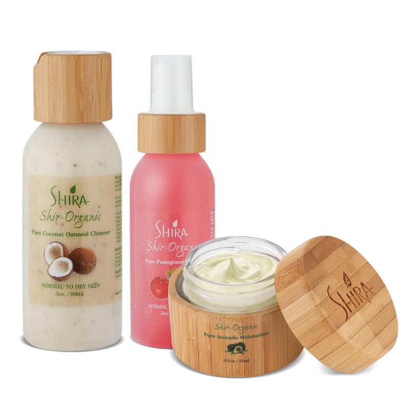 Shira ShirOrganic Trio for Normal to Dry Skin Care Kit for Healthy and Hydrated Skin With Coconut Oatmeal Cleanser89ml Pomegranate Toner 89ml  Avocado Moisturizer15ml