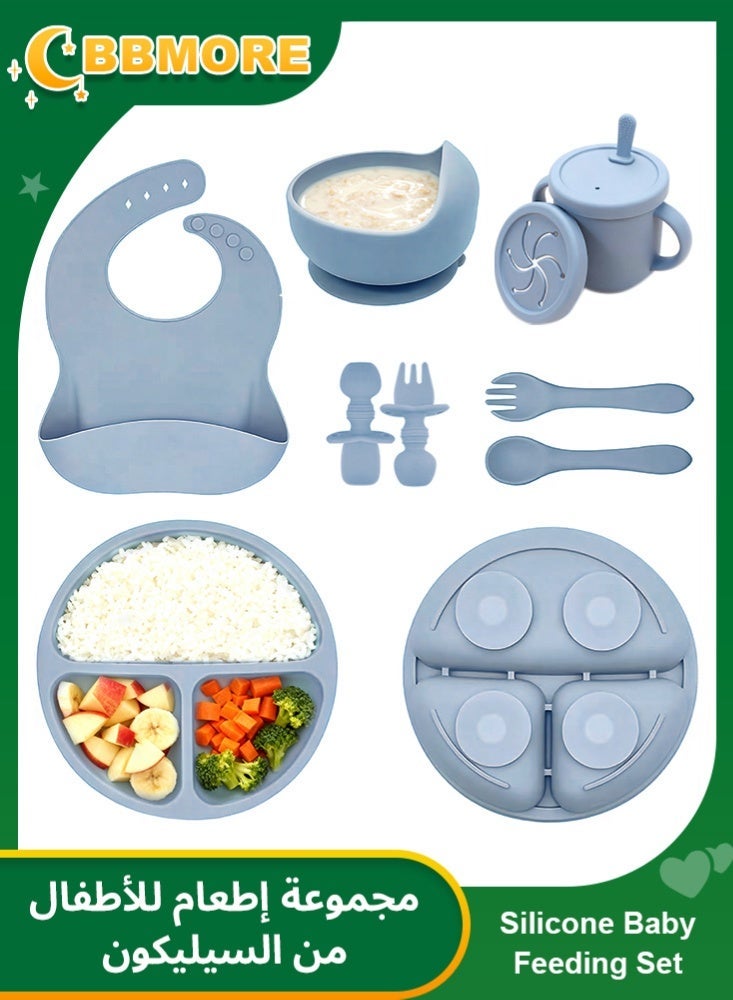 BBMORE Silicone Baby Feeding Set 8pcs, Include Baby Plates, Bowls, Bib, Cup with Straw and Lid, Spoon, Fork, Baby Spoon and Baby Fork, Utensils for 6+ Months – Bpa-Free, Dishwasher Safe (Blue) - Image 1