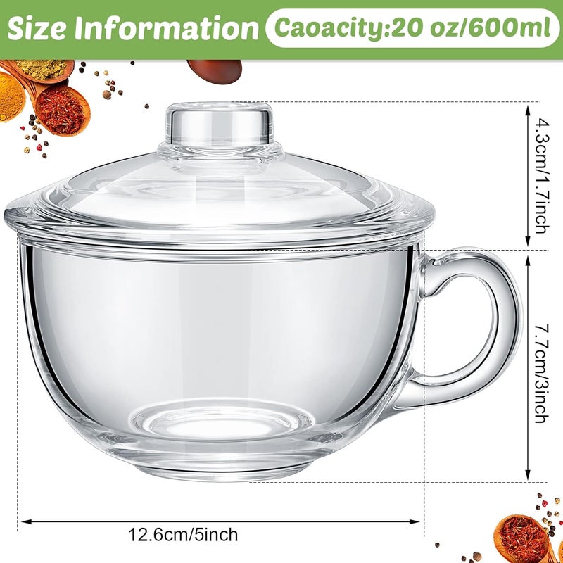 تشينغو قطعتان من أوعية الرامن الزجاجية مع غطاء ومقبض، آمنة للاستخدام في الميكروويف، زجاجية، وعاء حساء، وعاء خلط، شفافة، للطهي، أوعية حبوب الإفطار، أوعية معكرونة، حساء، حبوب، فواكه (600 مل) - Image 2