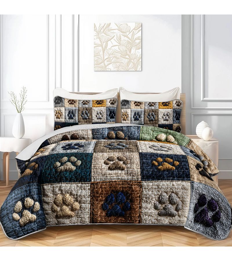 2 3pcs Multicolor Paw Print Pattern Quilted Bedspread Set Includes 1 Bedspread And 1 Or 2 Pillowcases Large Extra Large Home Dormitory High Definition Print Breathable Easy Care - Image 4
