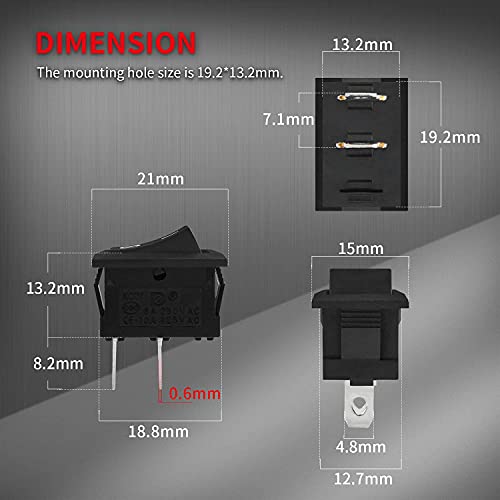 DaierTek Mini ON and Off Rocker Switch 12V 20A T85 2 Pin SPST Small ON Off 120V 10A Rocker Toggle KCD1 Switch Pre-Wired Black for Automotive, Car -10Pack - Image 4