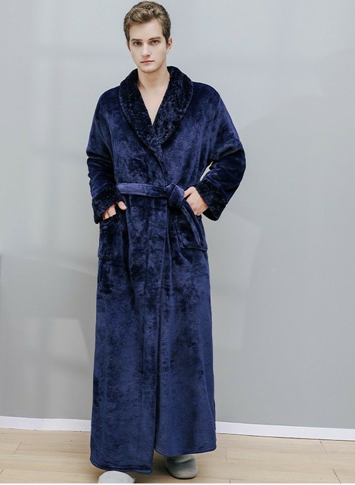إسكدنيا جنس واحد الشتاء طويلة سميكة فستان ليلي الشعاب المرجانية الصوف رداء حمام بيجاما البحرية الزرقاء - Image 1