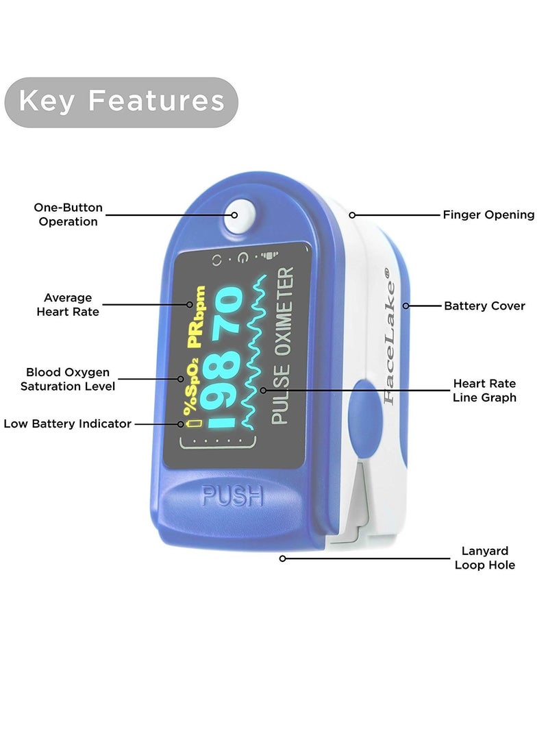 FaceLake - Pulse Oximeter Fingertip, Blood Oxygen Saturation Level (SpO2) and Heart Rate Monitor, Portable Carry Case, Lanyard, Batteries - Image 1