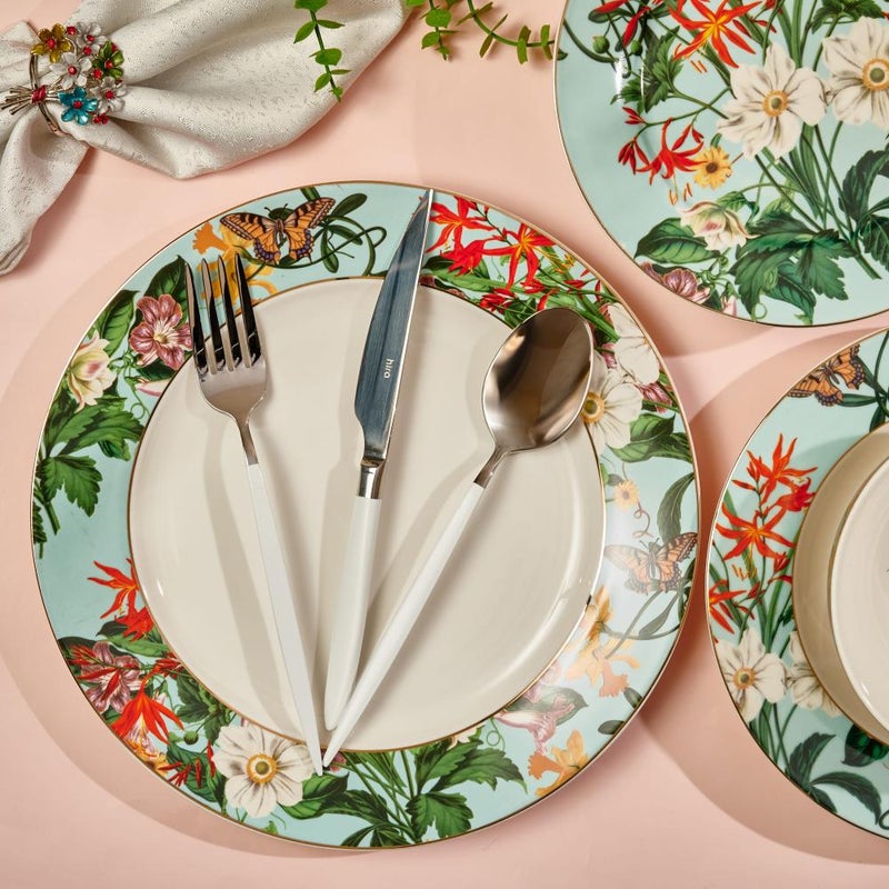 سوليتير طقم أواني طعام سولتر المكوّن من ٤ قطع بلونين النعناعي والفيروزي – أطباق ووعاء خزفي زخرفي بنمط زهري وفراشات ملون، أواني تقديم فاخرة لحفلات الزفاف وديكور المنزل - Image 3