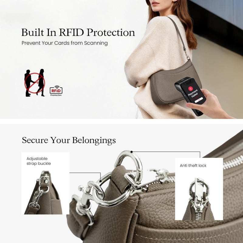 befen Anti Theft Genuine Leather Crossbody Bags for Women Soft Leather Hobo Bags Designer Trendy Crossbody Purse with RFID Blocking Travel Womens Handbag Shoulder with 2 Detachable Straps, Taupe - Image 2