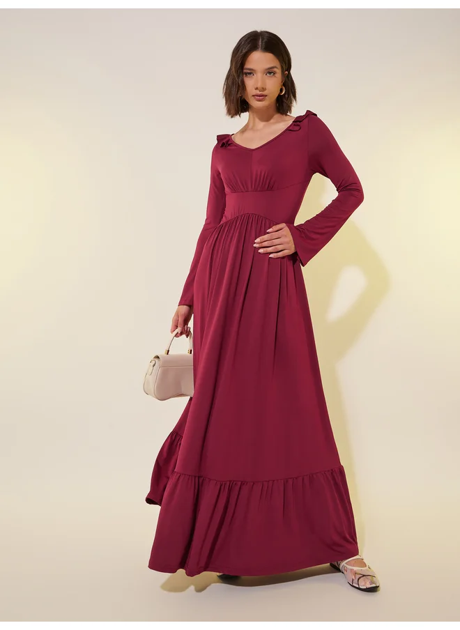 تايك تو Take Two Solid V Neck Ruffle Trim A-Line Maxi Dress