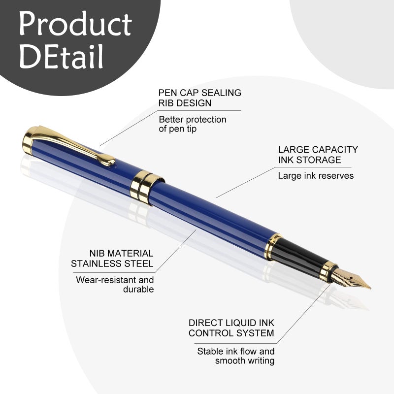 Tiankool Luxury Fountain Pen,Fine Nib, Exquisite Pen Gift Set for Men&Women-Includes 10 Ink Cartridges&Ink Converter- Nice Pens - Blue - Image 2