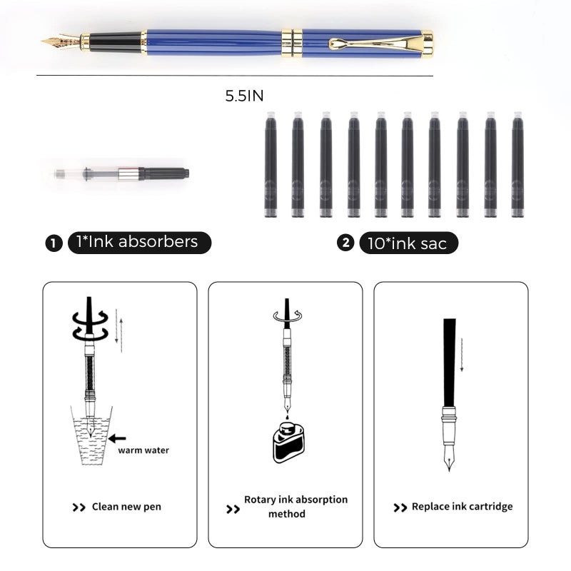 Tiankool Luxury Fountain Pen,Fine Nib, Exquisite Pen Gift Set for Men&Women-Includes 10 Ink Cartridges&Ink Converter- Nice Pens - Blue - Image 5
