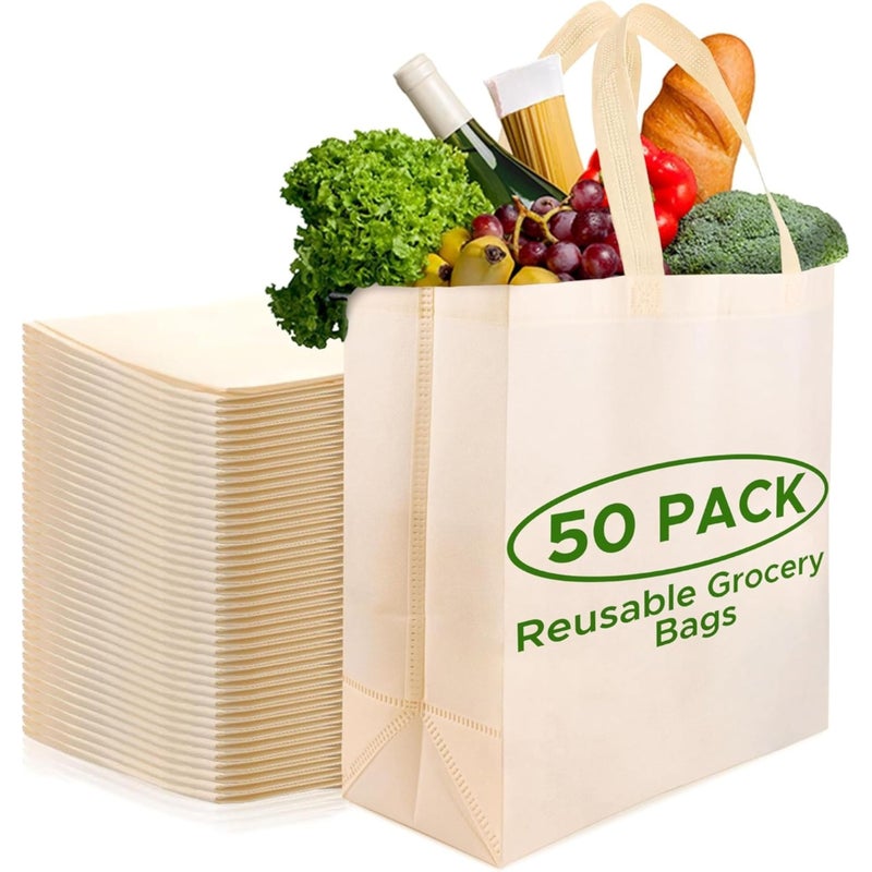 Simply Cool Reusable Grocery Bags EcoFriendly  Large Reusable Shopping Bags Heavy Duty Grocery Bags 145x14x66 Foldable Tote Bags Bulk 50 Pack Cream