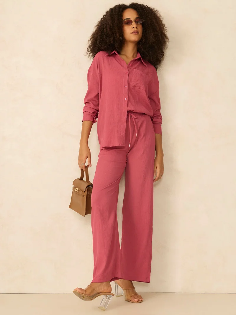 OUTZIDR Pink Pink Oversized Shirt & Pant Co-Ord Set for Women | Best Price UAE