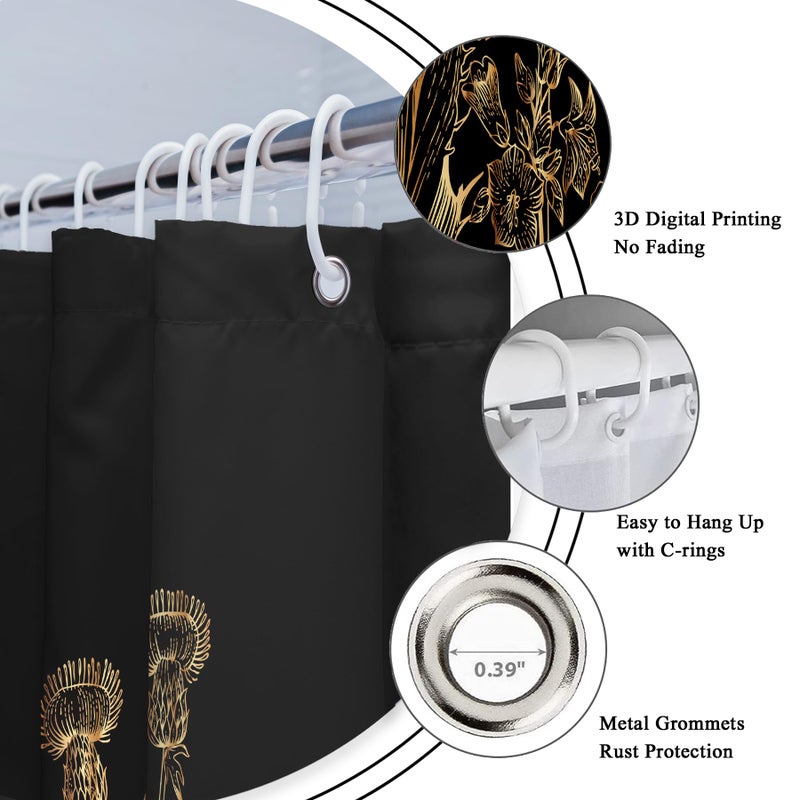 Riyidecor Small Stall Black Gold Dark Floral Wildflower Shower Curtain for Bathroom Decor 36Wx72H Rustic Botanical Herb Plant Leaves Nature Art Printed Fabric Polyester Waterproof 7 Pack Plastic Hooks - Image 4
