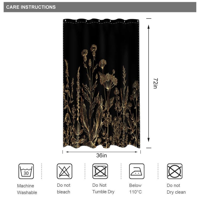 Riyidecor Small Stall Black Gold Dark Floral Wildflower Shower Curtain for Bathroom Decor 36Wx72H Rustic Botanical Herb Plant Leaves Nature Art Printed Fabric Polyester Waterproof 7 Pack Plastic Hooks - Image 3