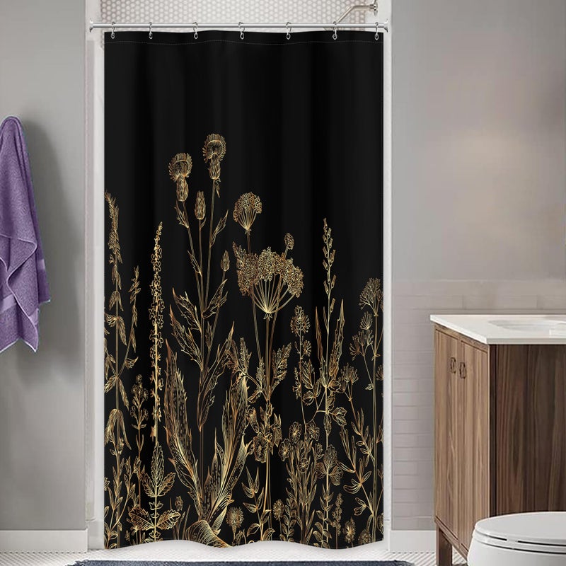 Riyidecor Small Stall Black Gold Dark Floral Wildflower Shower Curtain for Bathroom Decor 36Wx72H Rustic Botanical Herb Plant Leaves Nature Art Printed Fabric Polyester Waterproof 7 Pack Plastic Hooks - Image 2