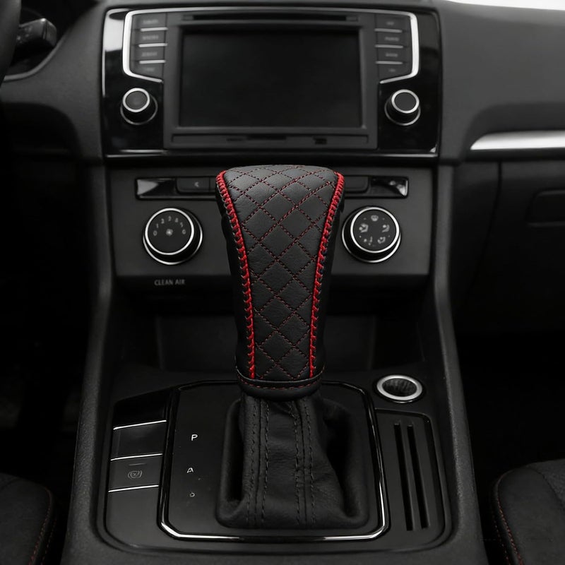 PU Leather Gear Shift Knob Sleeve for Cars - Universal Gear Stick Handle Protector - Dustproof Non-Slip Shift Knob Cover for Vehicle Interior Black and Red - Image 4