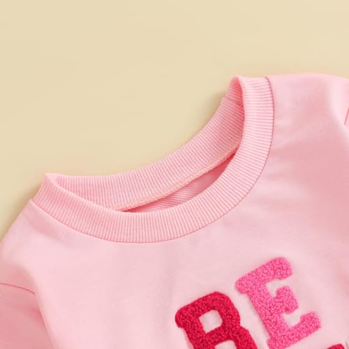 Lucikamy Toddler Baby Girl Boy Valentines Day Outfit Long Sleeve Letter Print Sweatshirt Shirt Infant Spring Clothes (Pink Embroidery, 18-24 Months) - Image 4