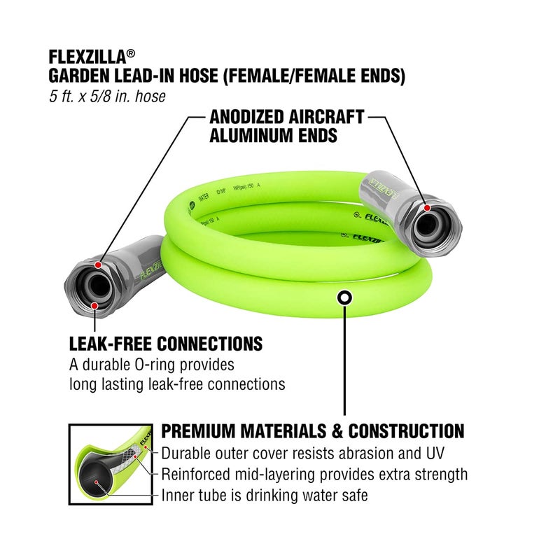 Flexzilla Garden Lead-in Hose, 5/8" x 5', Female/Female 3/4" - 11 1/2 GHT Fittings - Image 2