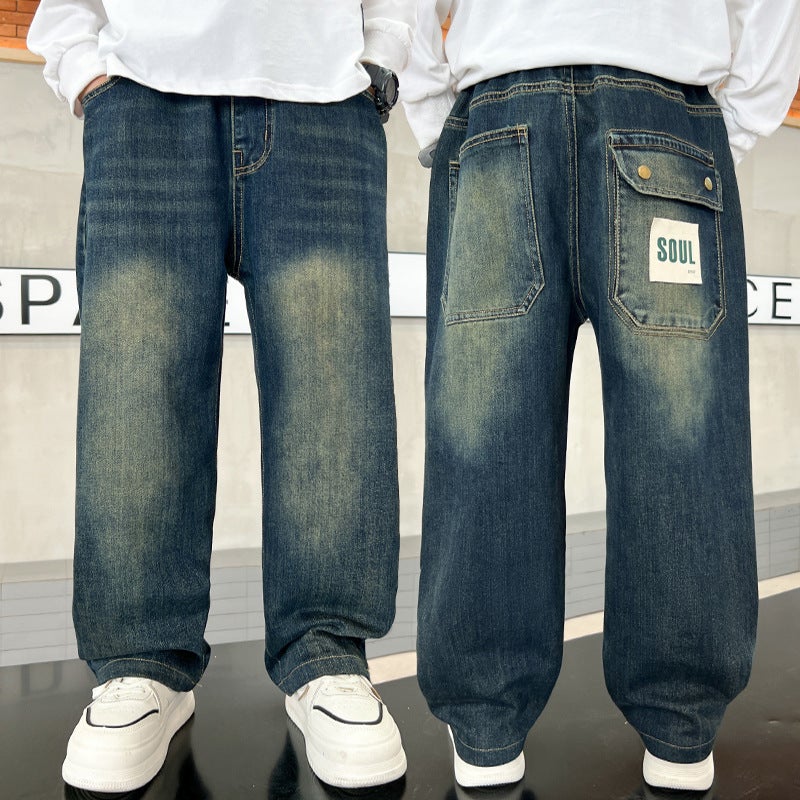 Boys' Denim Pants Large Children'S Loose Straight Pants Boys American Handsome Wide Leg Pants - Image 3