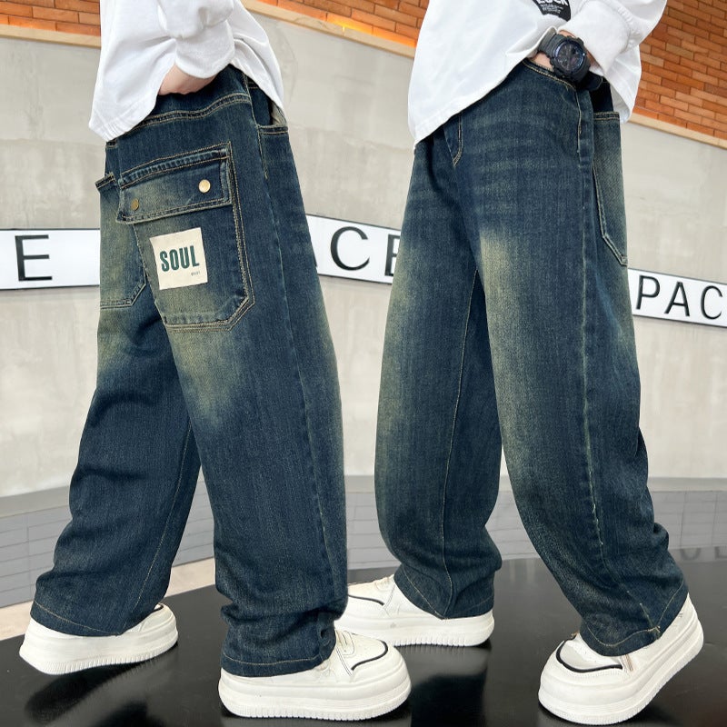 Boys' Denim Pants Large Children'S Loose Straight Pants Boys American Handsome Wide Leg Pants - Image 4