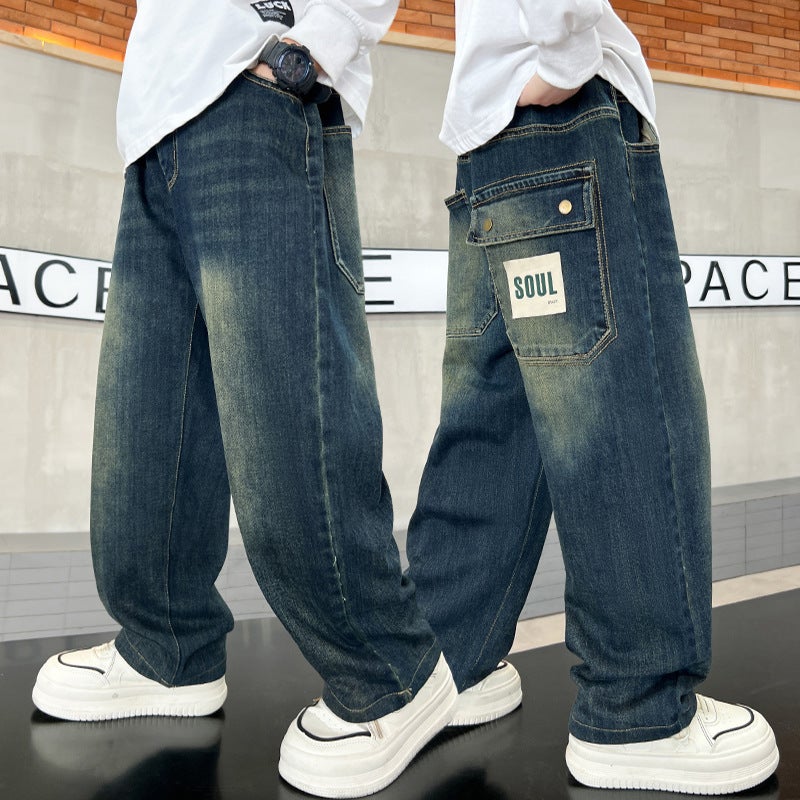 Boys' Denim Pants Large Children'S Loose Straight Pants Boys American Handsome Wide Leg Pants - Image 1