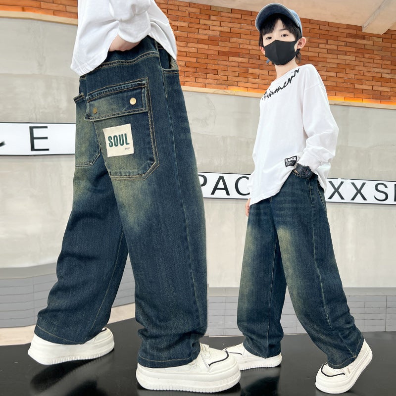 Boys' Denim Pants Large Children'S Loose Straight Pants Boys American Handsome Wide Leg Pants - Image 2