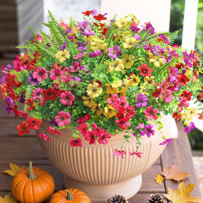 HyeFlora Artificial Faux Outdoor Flowers Plants for Summer Outside Decoration 14 Bundles Fake Silk Colorful Daisy Ferns UV Resistant Realistic for Front Door Porch Planter Patio Yard