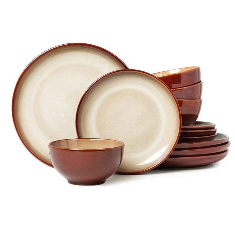 Pokini Stoneware Dinnerware Set Service for 4, 12 pcs Reactive Glaze Plates and Bowls Sets, Handmade Round Dishes Set, Highly Chip and Crack Resistant Modern Plate Set, Brown Yellow - Image 1