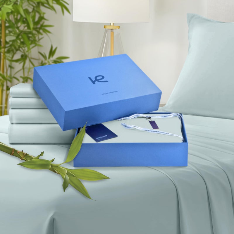 Kickoff Home Kickoff 100% Organically grown Viscose Bamboo 4-pc Bedding Sheet Set, Queen Size, Cooling & Breathable, Double Stitching, Flat & Fitted Sheets, Pillowcases Pillow Covers (Queen, Coastal Blue) - Image 1