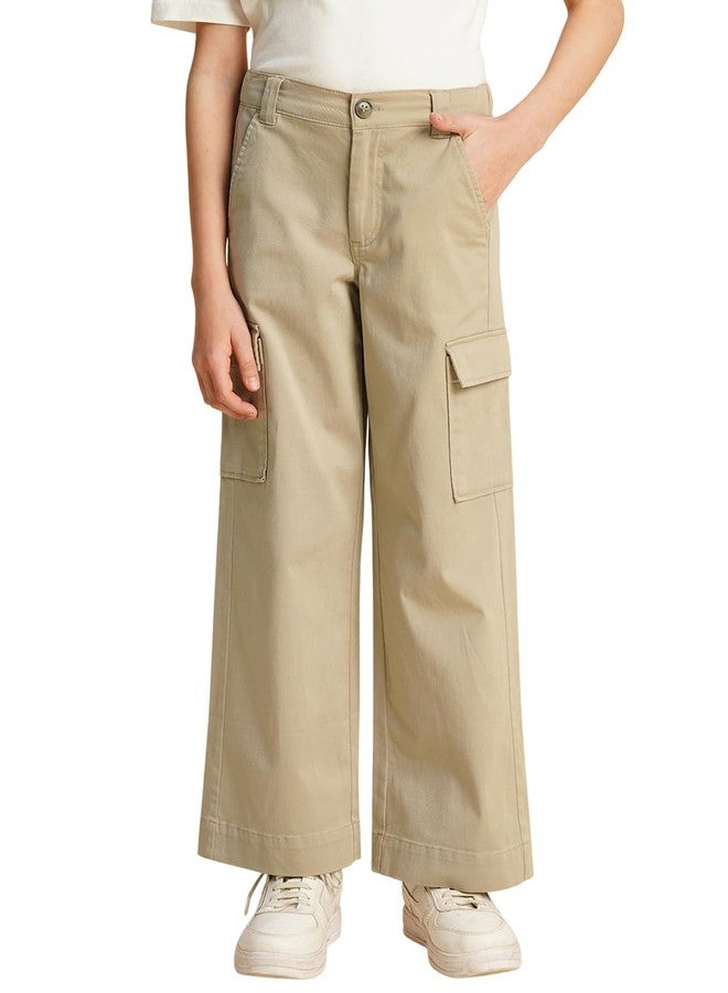 VERO MODA Girls Loose Fit Mid Rise Beige Pants - Image 1