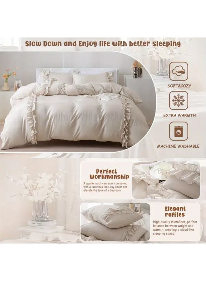 Beige Gray Duvet Cover Set 94 49x86 61 Inches 3 Piece Bedding With Bow Decor - Image 5