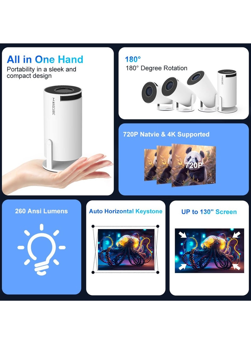 ABJ - HY 300 Pro Ultra-Bright Mini Projector – Portable with 200 ANSI Lumens, 2.4/5G WiFi, Bluetooth 5.2, Auto Keystone Correction – Up to 150'' Screen, 180° Flip, Android 11.0, Modern Round Design, HDMI & USB Compatible with iOS, Android, Laptops, TV Sticks, PS5, and Many More Devices. - Image 1