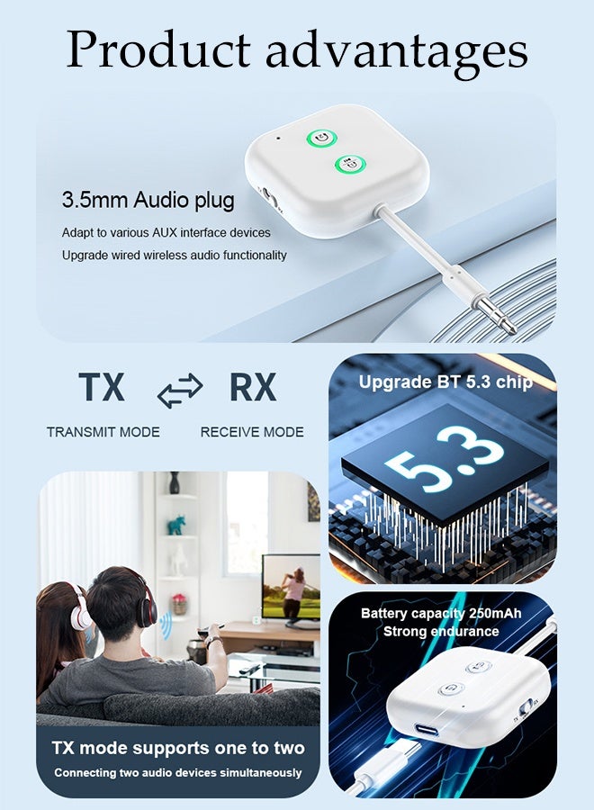 DUNISO 2-in-1 Bluetooth 5.3 Transmitter Receiver,Dual Link 3.5Mm Aux Audio Adapter,Wireless Bluetooth Transmitter Audio Adapter,For Up To 2 Headphones,Durable and Resistant to Bending，for in-Flight TV Airplanes Gym Car PC - Image 3