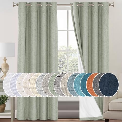 PrinceDeco 100 Blackout Curtains for Bedroom Linen Textured Curtains for Living Room 96 Inch Long 2 Panel Set Grommet Top Thermal Insulated with White Liner52X96 InchSage