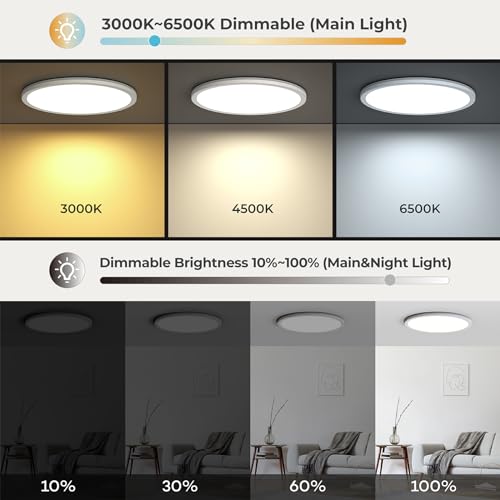 Matane 12in LED Flush Mount Ceiling Light Fixture with Remote Control, Nightlight 2000K Warm, 3000K-6500K Adjustable, Wired Low Profile Ceiling Lights for Bedroom, Kitchen, Living Room, White - Image 3