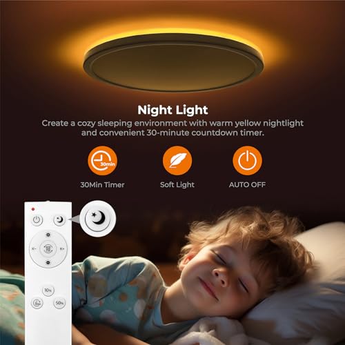 Matane 12in LED Flush Mount Ceiling Light Fixture with Remote Control, Nightlight 2000K Warm, 3000K-6500K Adjustable, Wired Low Profile Ceiling Lights for Bedroom, Kitchen, Living Room, White - Image 4