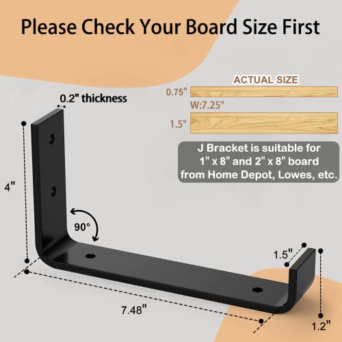 LuckIn 8 Inch Wall Shelf Brackets (Fit 7.25" Board) 4-Pack, Heavy Duty Black Iron, Mantel, Kitchen, Bathroom Floating Shelf Hardware - Image 2