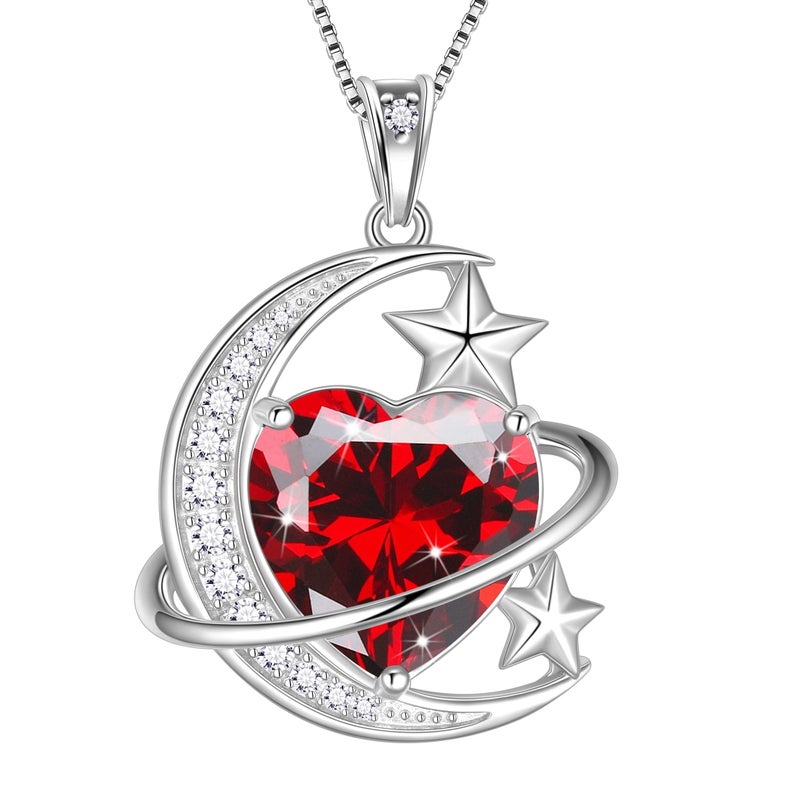 Juwaliy 13MM Women Moon and Star Necklace Heart January Birthstone 925 Sterling Silver Pendant Planet Celestial Necklace Red Garnet Jewelry Birthday Valentine's Day Gift for Mother - Image 1