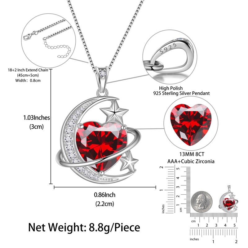 Juwaliy 13MM Women Moon and Star Necklace Heart January Birthstone 925 Sterling Silver Pendant Planet Celestial Necklace Red Garnet Jewelry Birthday Valentine's Day Gift for Mother - Image 3