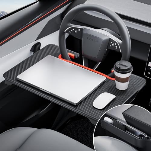 YONZEE 2-in-1 Car Steering Wheel Desk Tray & Car Seat Gap Filler Organizer – Foldable Carbon Fiber Look Table for Laptop, Eating, Writing – for Standard Round Steering Wheels - Image 1
