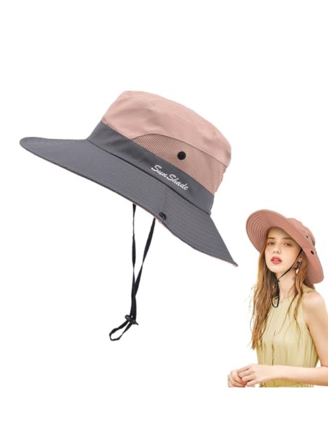 FUIPVGI Women Sun Hat, Summer Bucket Hat, Wide Brim UV Protection Mesh Ponytail Hat, Foldable Fisherman's Cap for Travel Hiking Fishing Beach Gardening Outdoor (Pink) - Image 1