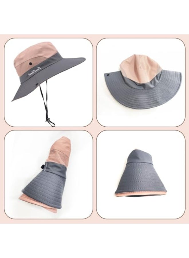FUIPVGI Women Sun Hat, Summer Bucket Hat, Wide Brim UV Protection Mesh Ponytail Hat, Foldable Fisherman's Cap for Travel Hiking Fishing Beach Gardening Outdoor (Pink) - Image 4