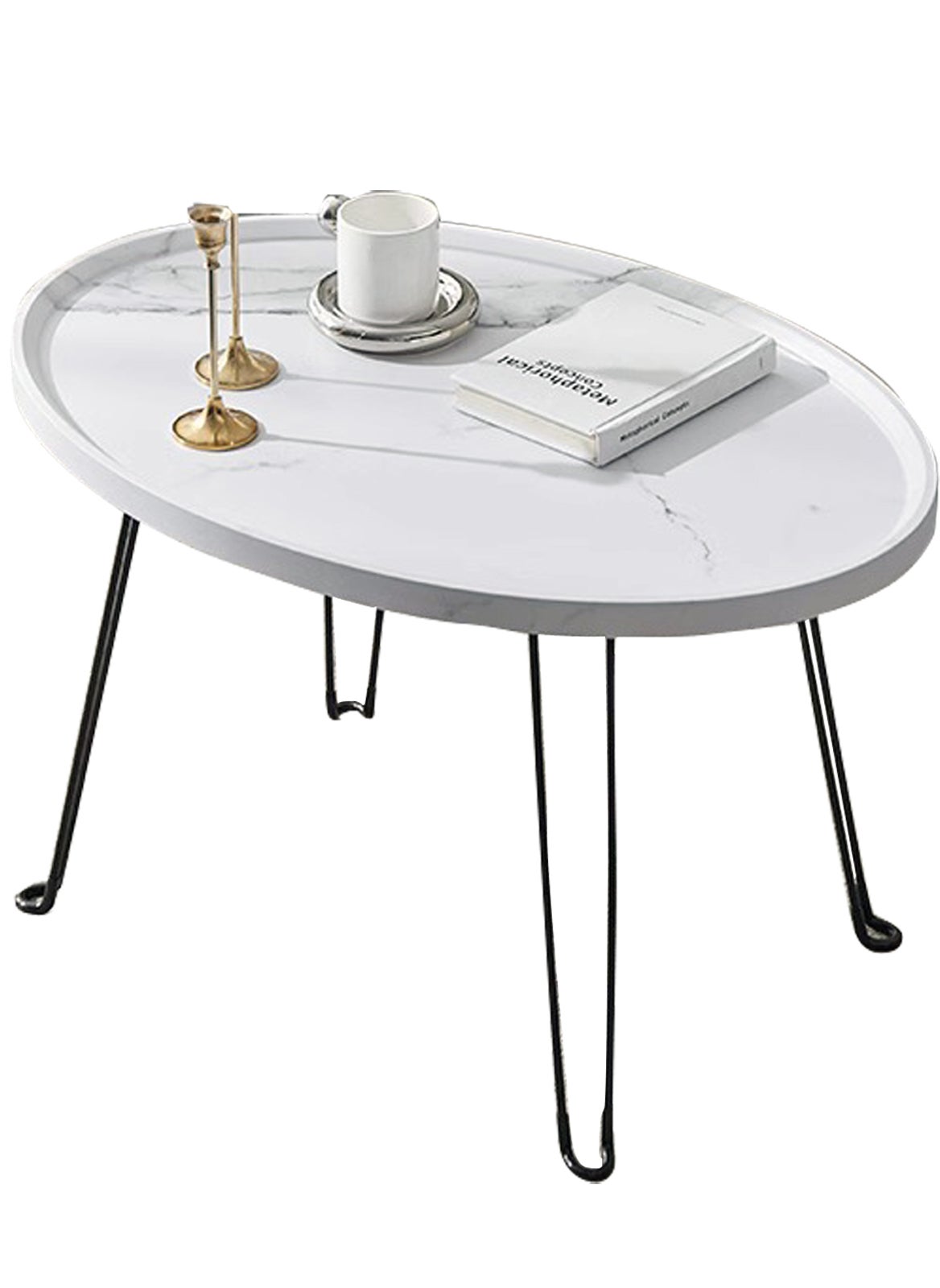 Modern Living Room Foldable Storage Oval Coffee Table White Marble Texture Side Table Suitable for Bedroom Living Room Bay Window 120*60*48CM