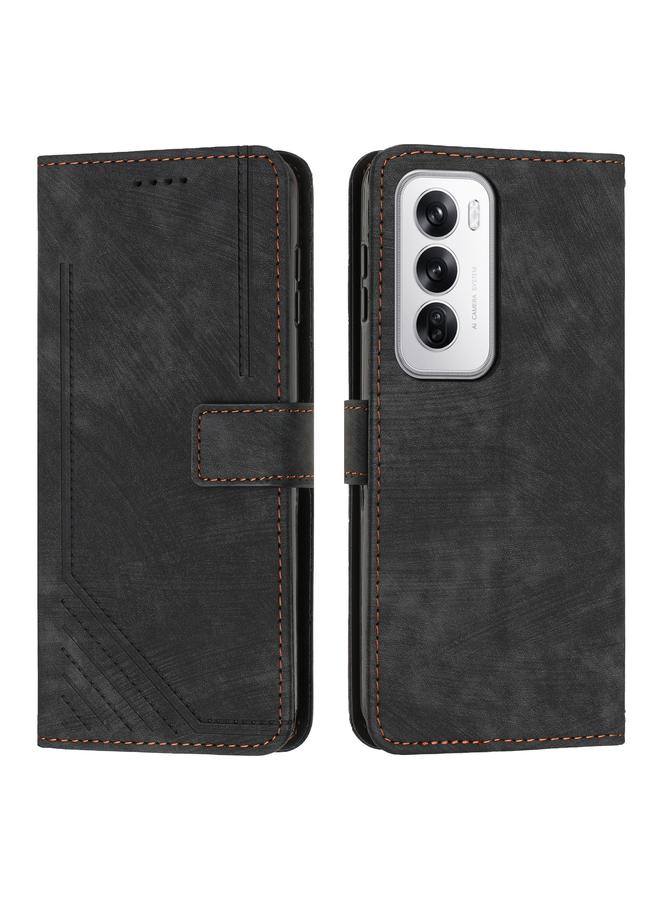 Green Tiger For OPPO Reno12 5G Global Skin Feel Stripe Pattern Leather Phone Case with Long Lanyard(Black)