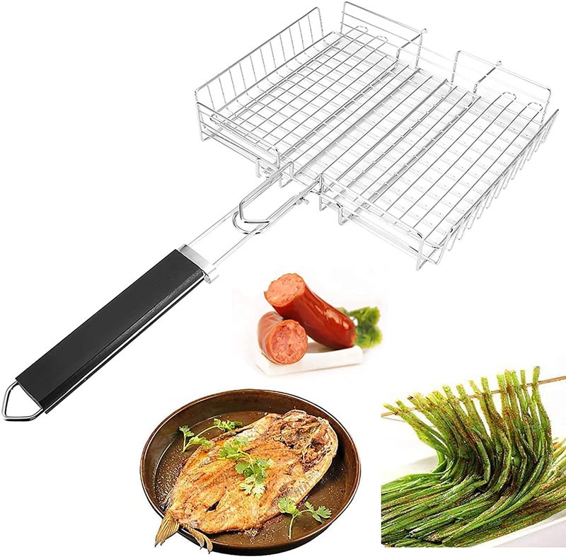 tgopit Grill Basket Non Stick Portable 304 Grade Stainless Steel with Removable Wooden Handle for Fish Steak Meat Vegetables Grill Basket for Outdoor BBQs Kitchen Camping - Image 1