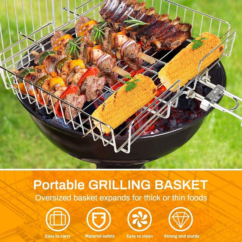 tgopit Grill Basket Non Stick Portable 304 Grade Stainless Steel with Removable Wooden Handle for Fish Steak Meat Vegetables Grill Basket for Outdoor BBQs Kitchen Camping - Image 3