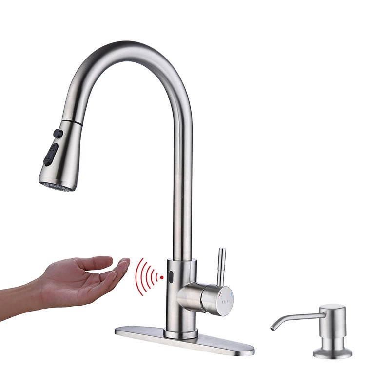 Keer Touchless Kitchen Faucet with Pull Down Sprayer, Motion Sensor Kitchen Faucet with Kitchen Soap Dispenser, Single Kitchen Faucet High Arc Pull Out Faucet for Kitchen Sink RVï¼ŒBrush Nickel - Image 1