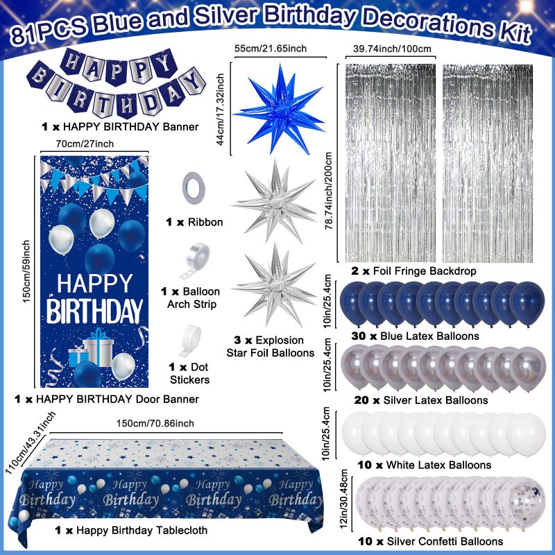 Pounira Blue Birthday Decorations for Men Women, Happy Birthday Decorations for Boys Girls Navy Blue Happy Birthday Door Banner, Tablecloth Foil Backdrop Star Balloons Arch for Mens Bday Party Supplies - Image 3